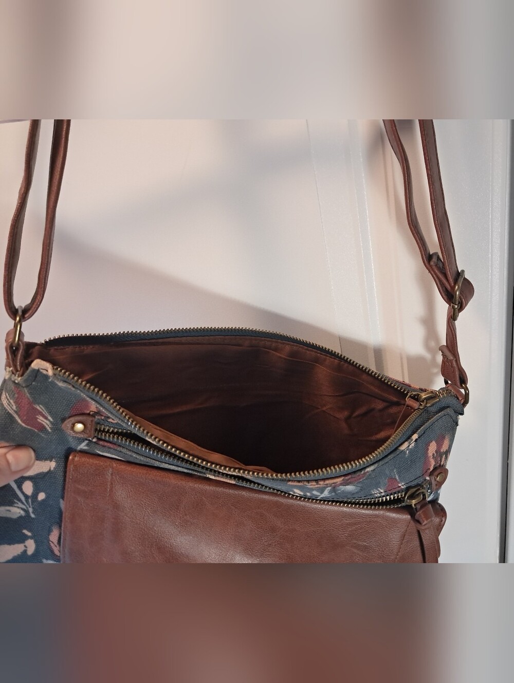 Floral Canvas Crossbody Bag with Brown Faux-Leather Flap - Picture 9 of 16